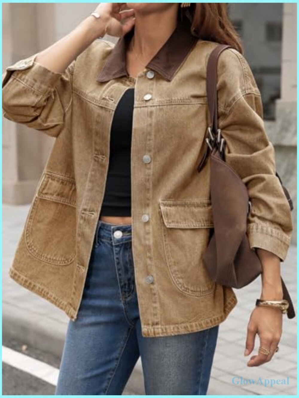 Oversized Denim Jacket Contrast Canvas Collar Button Down with Pockets - Picture 5 of 6